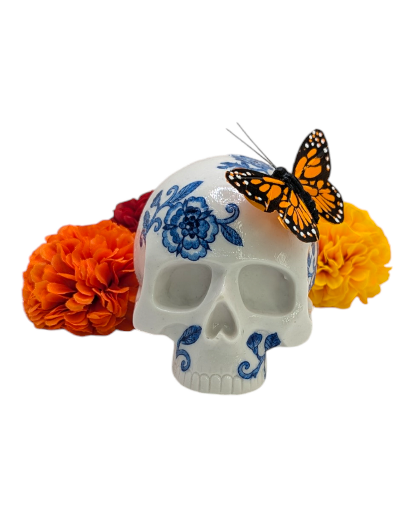 Blue Floral Ceramic Skull